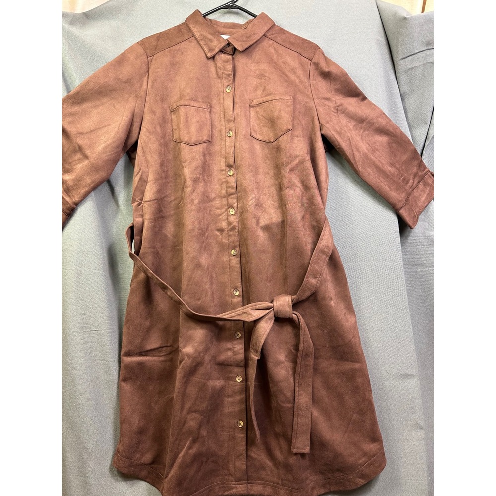 National Faux Suede Shirt Dress Brown Button Front Belted XL 24401